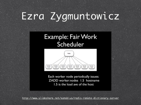 Ezra Zygmuntowicz's Fair Work scheduler concept: each worker periodically adds its load average to a sorted set